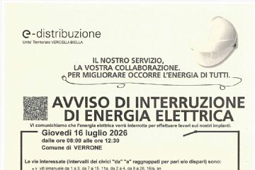Avviso interruzione energia elettrica 16.07.2026 (dalle ore 08:00 alle ore 12:30)